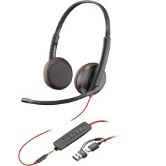 POLY Cuffie stereo Blackwire 3225 con connettore USB-C + spina da 3,5 mm + adattatore USB-C A