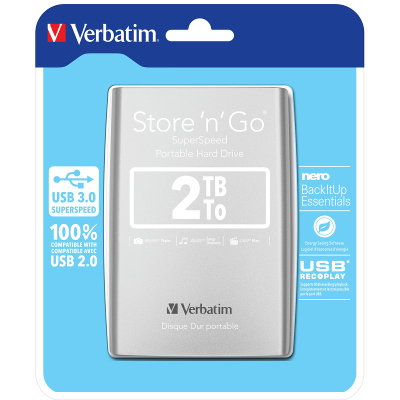 Verbatim Disco rigido portatile Store 'n' Go USB 3.0 da 2 TB Argento