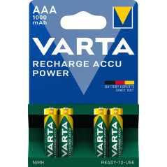 Varta Recharge Accu Power AAA 1000 mAh Blister da 4 (Batteria NiMH Accu Precaricata, Micro, ricaricabile, pronta all'uso)